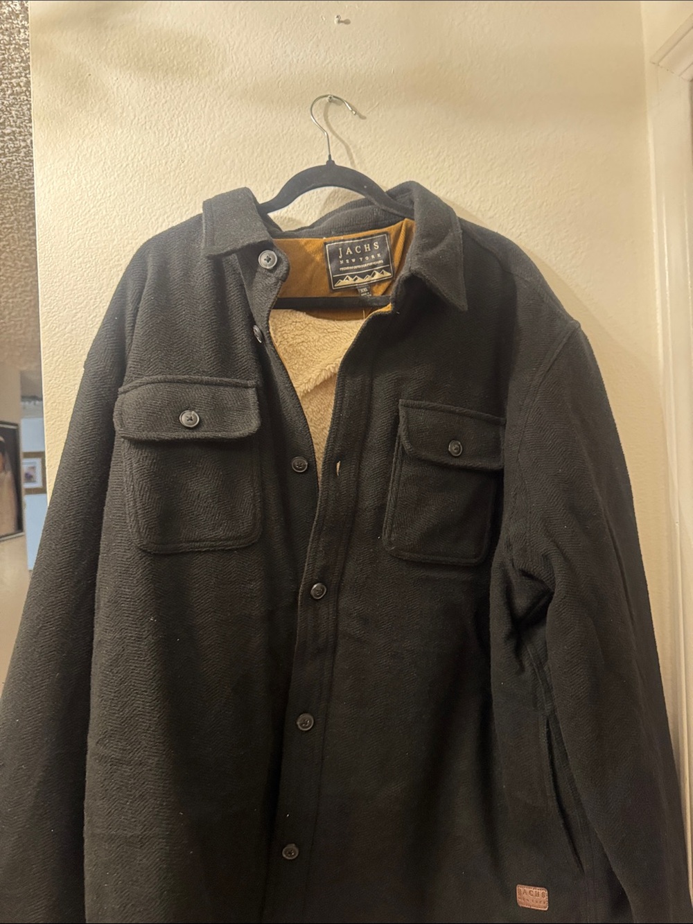 Jachs Men's Black Sherpa-Lined Shirt Jacket with Tan Lining